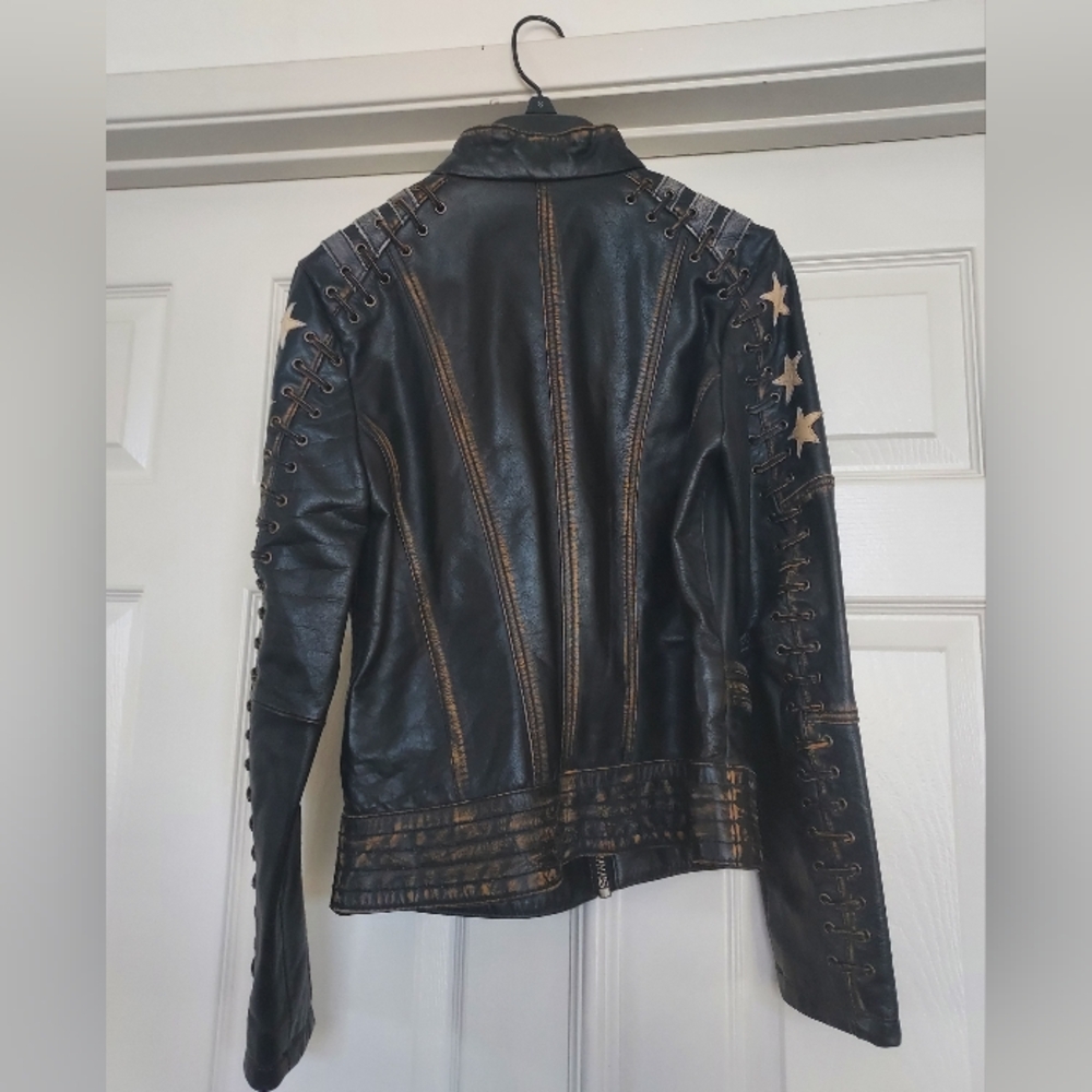 Black Rivet (Wilsons Leather) Distressed Leather Jacket with Star Details, S - Picture 2 of 16